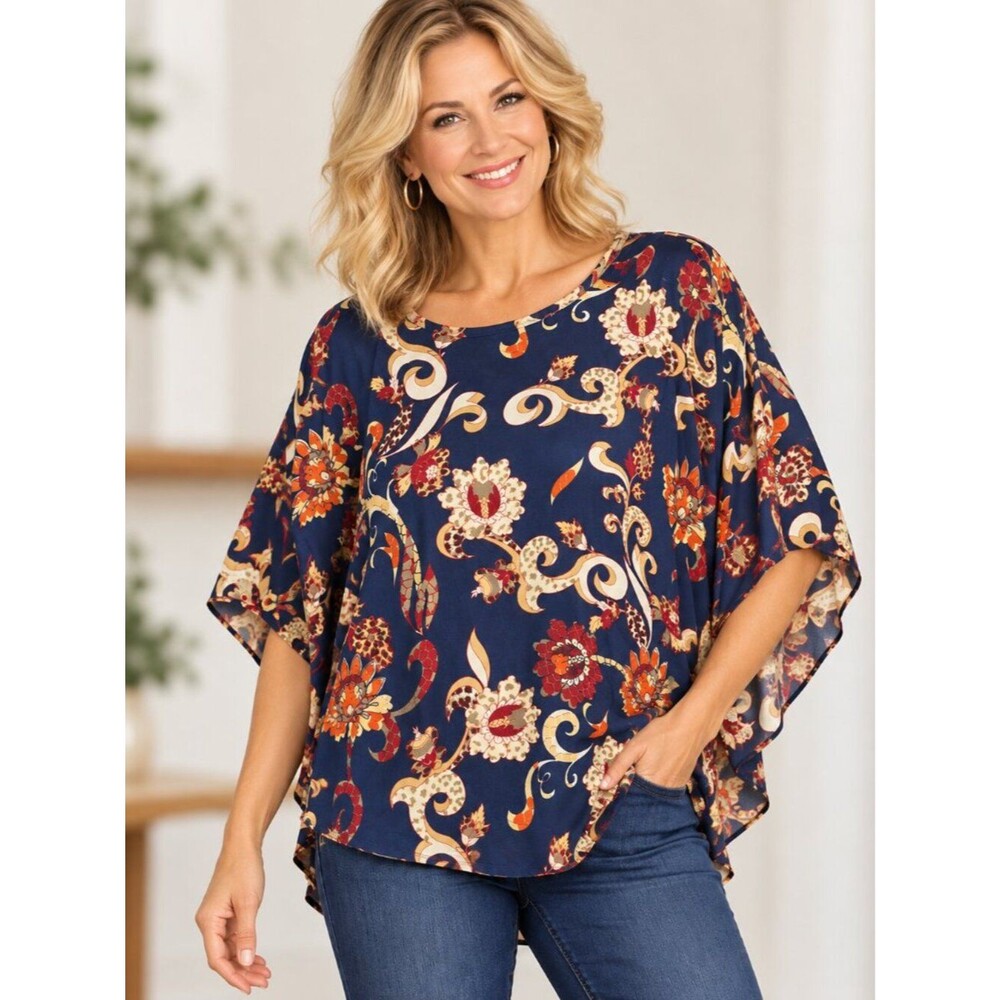 Chico’s Blue Brown Poncho Top Women’s S/M Draped Boho Tunic